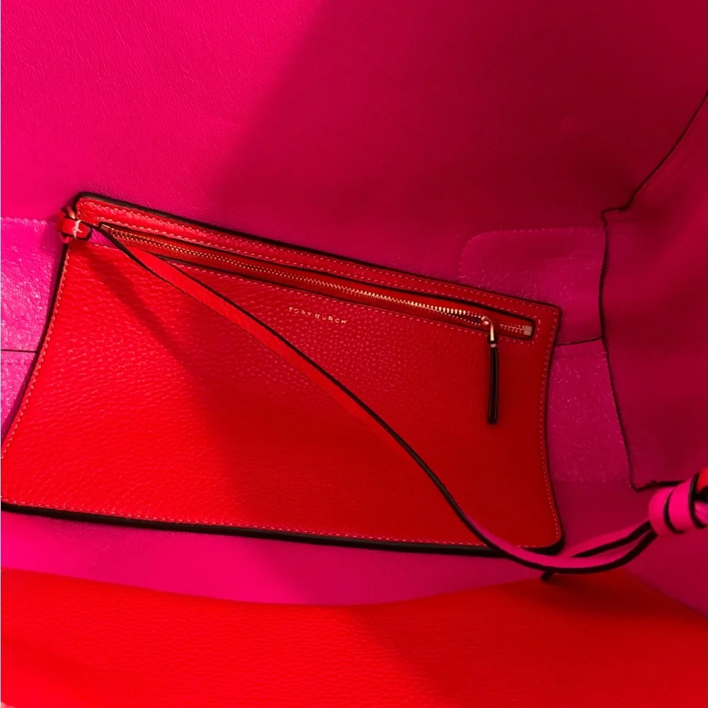 Tory Burch Large Brilliant Red/Crazy Pink Leather Pebbled Tote - Picture 4 of 12